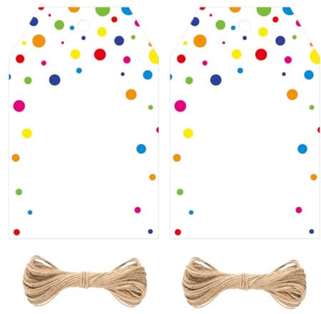 jijAcraft Geschenkanhänger mit Bunt Punkte: 8,5x5,5cm Weiß Papieranhänger zum Beschriften 100 Stück Papier Etiketten mit Loch und Schnur für Kind Geburtstag DIY Geschenk