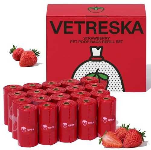 VETRESKA Dog Poop Bags 300 Count - 20 Strawberry Scented Refill Rolls | Extra Thick, Leak Proof, Pet Waste Bags for Large Dogs, Puppy & Cat Litter, Strong Dog Poo Bags