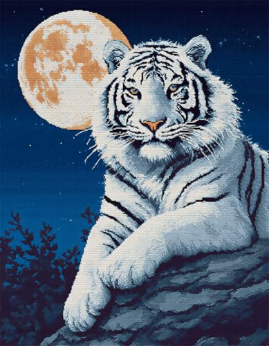 WallustrioaW Nachtansicht Knüpfteppich Zum Selber Knüpfen-Sets,Weißer Tiger im Mondlicht,Handarbeit Selbst Knüpfen Set,Teppich Stickerei Handwerk Für Erwachsene Handarbeiten Diy Teppich,52x38cm