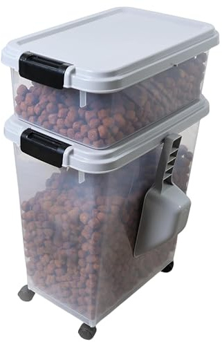 PRADICHI 3-Piece Airtight Pet Food Storage Container Set with Measuring Scoop & Casters | Dual-Compartment Dog Cat Food Bin Dispenser for Dry Food & Treats (Grey)
