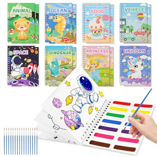 AOOTE Magic Water Colouring Books, 16 Pack Water Painting Books for Kids, Magic Kid Painting Set with 16 Pcs Waters Pen, Paint with Waters Colouring Book, Classroom Prizes, Birthday Halloween Gifts