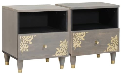 Ordellia Nachttisch 2er Set Grau, Massivholz Mango Beistelltisch mit Tür und Regal, 40x33x46 cm, handbemalte Front, langlebiger Ablagetisch für Schlafzimmer & Wohnzimmer