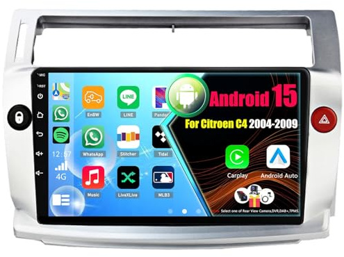 Android 15 Radio para Citroen C4 2004-2009 con Carplay Android Auto, Pantalla Táctil de 9 Pulgadas con GPS WiFi Bluetooth FM RDS(8Core(8+128GB))