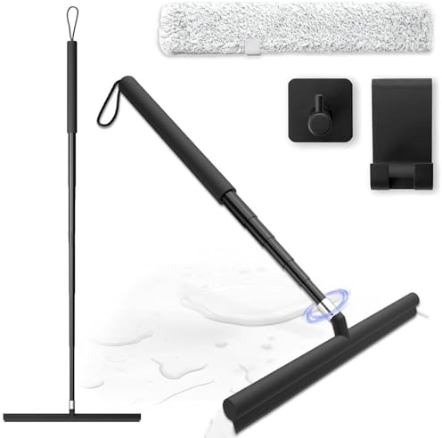 Qivine Raclette de Douche avec Télescopique Manche 146cm, Nettoyeur Vitre avec Raclette en Silicone & Brosse en Microfibre, Raclette Sol avec 2 Crochets, pour Nettoyage de Fenêtre et Salle de Bain