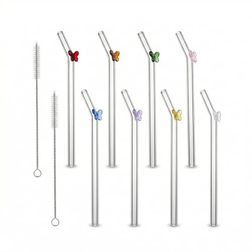 8 Pezzi Cannucce Vetro E 2 Pezzi Spazzole Per La Pulizia, 20cm Cannucce Riutilizzabili Caratterizzato Da Un Motivo A Fiocco, Adatto Per Succhi, Frullati E Cocktail