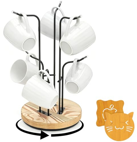 Mug Tree 8 Mugs - 360° Rotating Wooden Base Mug Stand with 2 Wooden Cup Pads, Kitchen Counter Coffee Cup Holder for Storage, Mugs Storage Rack for Kitchen Coffee Bar, Funny Gifts for Friend, Family
