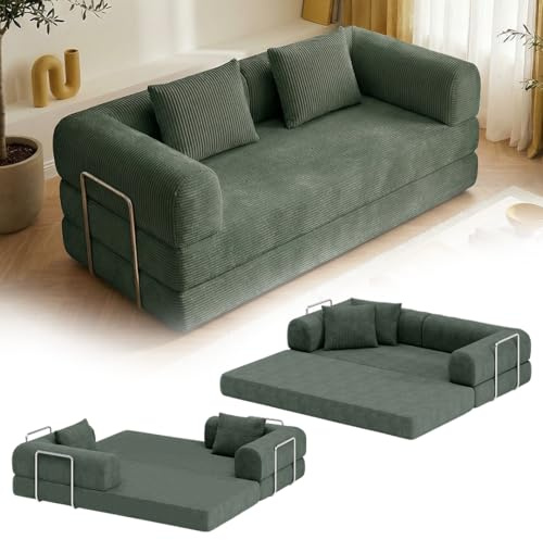skølm Lofn Schlafsofa 2-Sitzer 200 cm, Cord Dunkelgrün, 2 Kissen, Klappsofa | Ausklappbare Couch zum Bodensofa, modulare Vollschaumcouch mit Stahlgestell, Cordsofa Wohnzimmer, vakuumverpackt, Klappsofa