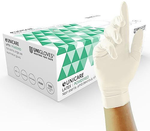 Unigloves Unicare Latex Gants jetables - Gants d'examen polyvalents, légèrement poudrés - Boîte de 100 gants, naturels, taille M (GS0023)