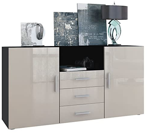 Vladon Sideboard Skadu, Kommode mit 2 Türen, 3 Schubladen und 1 offenem Fach, Schwarz matt/Sandgrau Hochglanz (138,5 x 71,5 x 35 cm)
