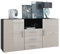 Vladon Sideboard Skadu, Kommode mit 2 Türen, 3 Schubladen und 1 offenem Fach, Schwarz matt/Sandgrau Hochglanz (138,5 x 71,5 x 35 cm)