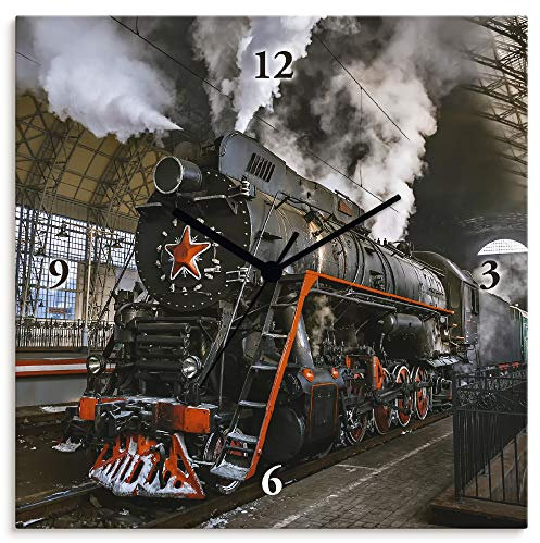 ARTLAND Wanduhr ohne Tickgeräusche Alu Quarzuhr 30x30 cm Quadratisch Lautlos Lokomotive Eisenbahn Retro Antik Klassisch S6AU