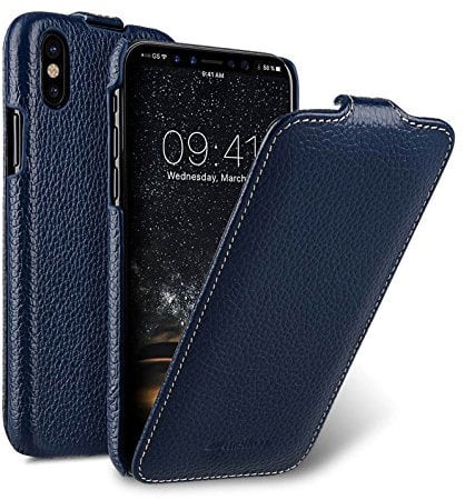Edle Tasche für Apple iPhone XS und iPhone X / Case Außenseite aus beschichtetem Leder / Schutz-Hülle aufklappbar / Flip-Case / Etui / ultra-slim / Cover Innenseite aus Textil / Blau