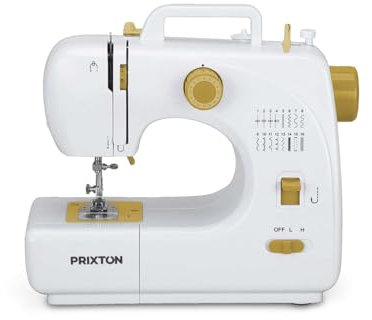 PRIXTON - Mini Maquina de Coser Portatil con Cajón para Accesorios, Lámpara Integrada y 16 Tipos de Puntadas Diferentes, Incluye Pedal | P120