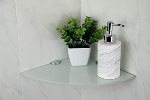 BSM Marketing Eckregal aus gehärtetem Glas, 250 mm, 6 mm dick, für Badezimmer, Schlafzimmer, Küche, mit großen Chromstützen (weiß)