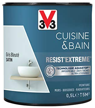 V33 Peinture multi-supports monocouche Cuisine & Bain Resist'Extrême® Satin, Gris bleuté, 0,5L
