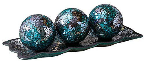 KMwares Dekoratives Tablett aus Mosaikglas, 31,5 cm, mit 3 dekorativen Kugeln, Kugeln, Dekoration für Wohnzimmer oder Esszimmer, Couchtisch, Kaminsims, Dekoration, Mittelstück (Türkis)