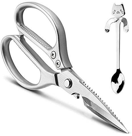 LONJYI Forbici da cucina multifunzione, in acciaio inox resistente, con lame ultra affilate, per mancini e destrorsi, per pollo, carne, frutti di mare, verdure, barbecue, apribottiglie argento