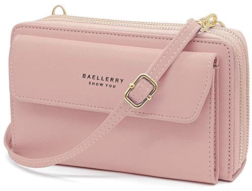 HNOOM Handy Umhängetasche Damen Handytasche zum Umhängen Handy Schultertasche Brieftasche Klein Crossbody Tasche Handy Geldbeutel Handytasche Geldbörse mit Kartenfächer, Schultergurt (Rosa)