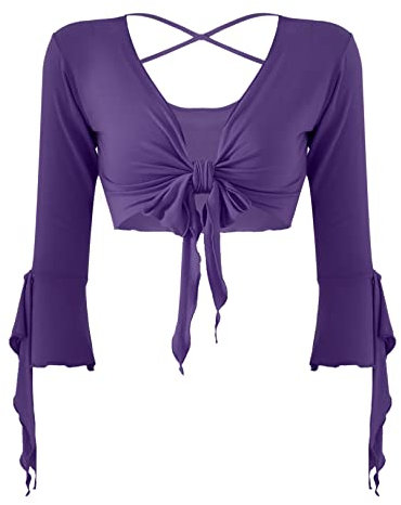 JEATHA Damen Bauchtanz Kostüm Cardigan Bauchfrei Top mit 3/4-Ärmel Latin Jazz Oberteil Fransen Halter Crop Top Bolero Festlich Belly Dance Nachtclub GOGO Clubwear Violett One Size