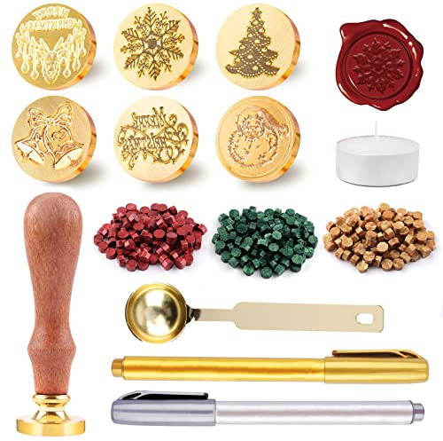 Kalolary Wax Seal Stamp Kit - Brass Head 300PCS Sealing Wax Beads, Metallic Pen, Wooden Hilt Melting Spoon, Tea Candles for Card Envelope Wedding Invitation Gift Packaging