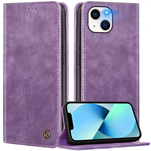 FMPCUON Funda para iPhone 14,Funda Libro Suave iPhone 14 Funda con Tapa,Cubre PU Cuero Carcasa Magnético Caso Cartera Móvil Case,Púrpura