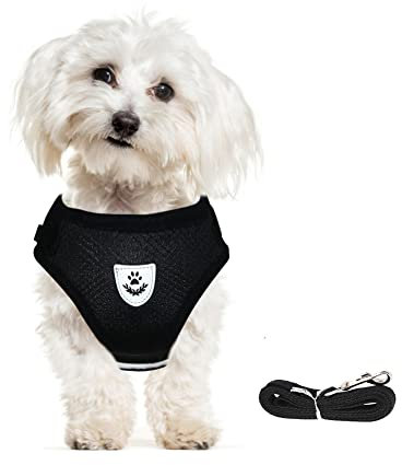 meioro Hundegeschirr mit Leine-Reflektierend Weich Gepolstert Hunde Geschirr-Atmungsaktiv Verstellbare Brustgeschirr für Kleine Mittelgroße Welpen Katzen-Schwarz Weste (Schwarz, L-Brust:41-46cm)