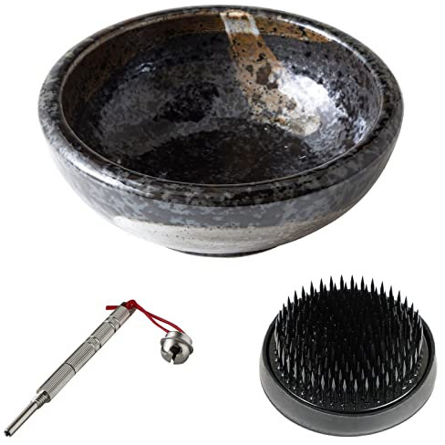 Wazakura Ikebana Werkzeug-Set, Hergestellt in Japan, Minoyaki Vase + 61mm Kenzan + Kenzan Pflegewerkzeug - Schwarze Vase + Schwarzer Kenzan