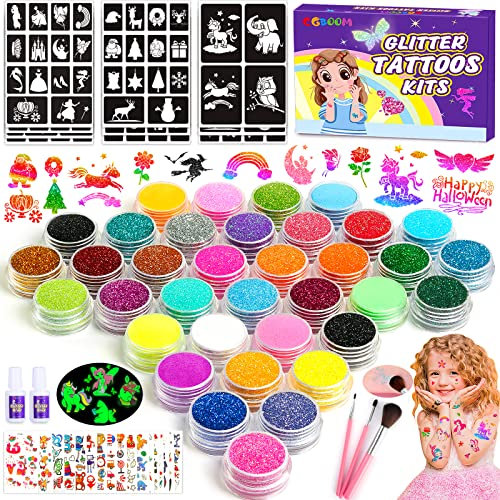 CGBOOM Glitzer Tattoo Set für Kinder, 36 Farben Temporäre Mädchen, Leuchtende Kindertattoos, 139 Schablonen, Tattoos, Geschenk Mädchen 6-12 Jahre