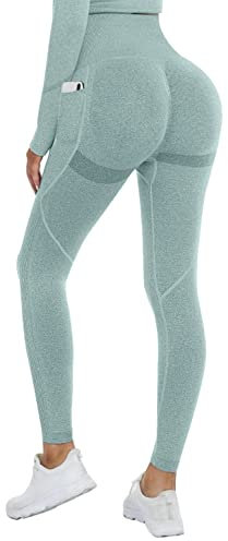 DUROFIT Scrunch Butt Leggings Damen High Waist Sport Leggings Mit Tasche Po Push Up Leggings with Pocket Booty Lift Leggins Gym Leggings Mit Handytasche Ruched Sporthose Grün S