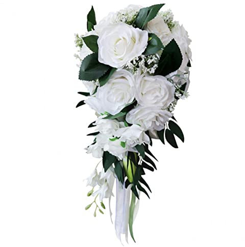 Künstliche Hochzeit Brautstrauß Weiße Rose Cascading Bouquet Wasserfall Hochzeit mit Blume mit grünen Blättern Dekor