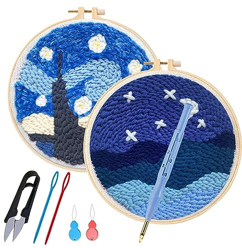 Allazone Punch Needle Anfänger Stickerei Set DIY Stanznadel Handwerk Stickerei Muster mit Einstellbare Punch Needle für Handwerk Stitching (Mondlicht & See)