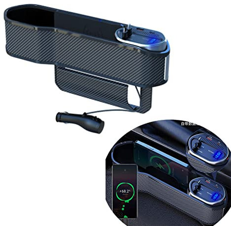 ASVEGE Car Seat Gap Filler Organizer,Storage Box with Cup Holder Dual USB Ports,2 Charging Cables and Wireless Charger,Cigarette Lighter,Car Front Seat Box for Multifunctional Car Interior Access