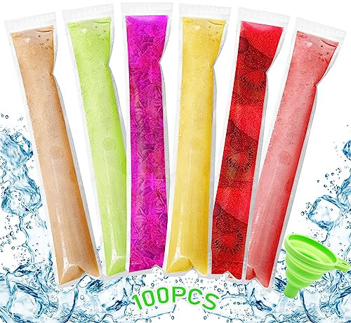 Lets Joy 100 Piezas Bolsas para Helados, Moldes para Helados, Bolsas para Moldes de Helado, Bolsas de Popsicle, Bolsas Paleta Hielo con Embudo, Popsicle Bolsas para Yogur, Jugo, Cubitos (100PCS)