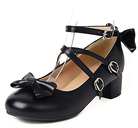 Mo Joc Damen Niedlichen Stil Schuhe Block Ferse Mary Jane mit Schleife(Schwarz1,43)