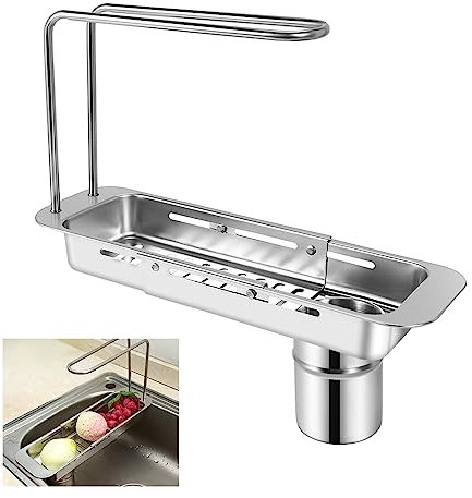 Qusedwey Teleskop Spülbecken Organizer, Multifunktionale Küchenspüle Organizer mit Handtuchhalter, Edelstahl Spülbeckenregal Schwammhalter Küche Abflussregal
