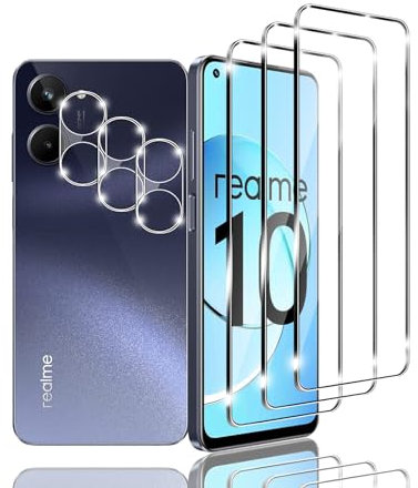 Kziwii 3+3 Piezas Protector Pantalla para REALME 10 4G Cristal Templado, 3 Piezas Vidrio Templado y 3 Piezas Protector de Lente de Cámara, Dureza 9H, Antihuellas, Antiarañazos
