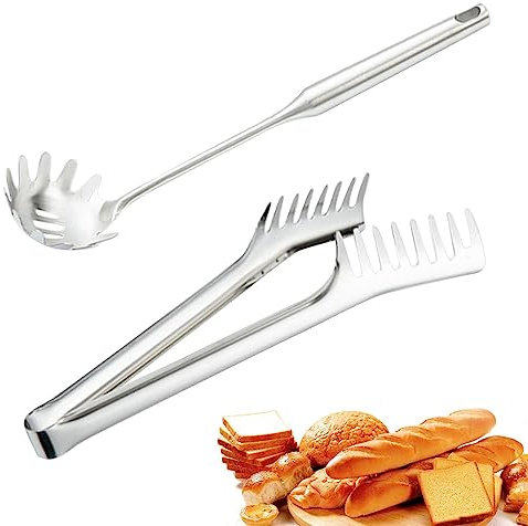 puzzlegame Spaghetti Spoon and Pasta Tong - Spaghetti Tongs and Spoon Set - Stainless Steel Serving Utensils with Comfortable Grip, Pasta Server for Cooking Spaghetti Noodle