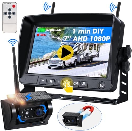 Magnetische Solar Rückfahrkamera Kabellos 1080P Funk Rückfahrkamera mit 9600mAh Akku Kein Bohren Wiederaufladbar Rückfahrkamera Wohnmobil 7 Zoll Monitor für LKW Auto Wohnwagen DVR