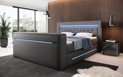 Boxspringbett Merkur 180x200 Doppelbett Polsterbett Bett mit TV Lift und RGB-Beleuchtung | Bezug: Kunstleder | Farbe: Grau | Härtegrad: H3 (70-100kg)