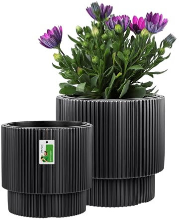 PAFEN Kunststoff Blumentopf Set - 2 Großen: 29,5 cm und 39,5 cm - Elegant Blumenkübel im Doppelpack Übertopf Pflanztopf Pflanzkübel Für Innen Und Balkon Garten Pflanzen | Anthrazit