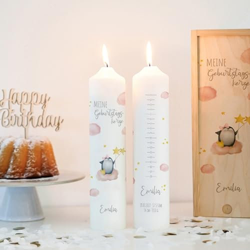 Geburtstagskerze Pinguin Stern- Mädchen, Geburtskerze personalisiert, Geburtstagskerze mit Geburtstagsskala, 1.-18. Geburtstag, Geschenk zum Geburtstag, Kerze Geburtstag, Lebenskerze