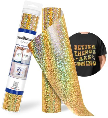 TECKWRAP Holographic Heat Transfer Vinyl Roll 12 x 5ft Sparkle Glitter Gold HTV for DIY Clothing,T-Shirts,Fabric Metallic Iron on Vinyl Compatible with Heat Press Craft Cutters