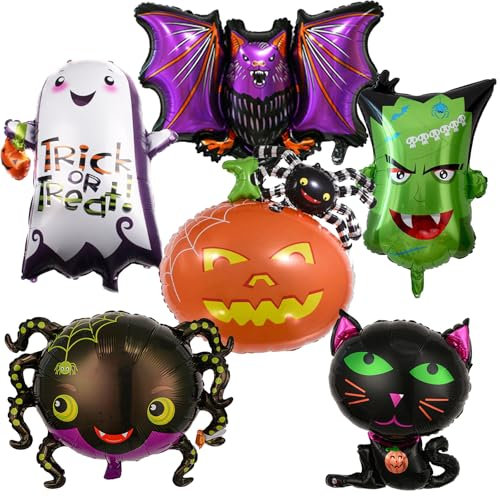 Halloween Deko Folienballon Set, 6 Stück XXL Luftballon Geist Katze Spinne Kürbis Fledermaus Grün Monster Kopf Happy Halloween Ballon für Kinder Horror Thema Trick or Treat Gruselig Party Dekoration
