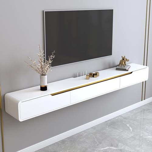 LVRUIEDS Floating TV Stand, Glossy Wall Mounted TV Shelf, Modern Entertainment Center With Storage TV Cabinet Media Console Table For Living Room(White+Gold,200CM)