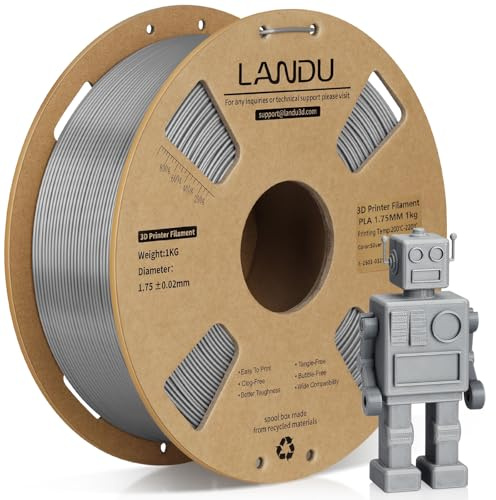 LANDU PLA Filament 1.75mm 1KG 3D Drucker Filament 3D Druckmaterialien Silber PLA Maßgenauigkeit +/-0.02mm Sauber Gewickelt für die meisten 3D Drucker