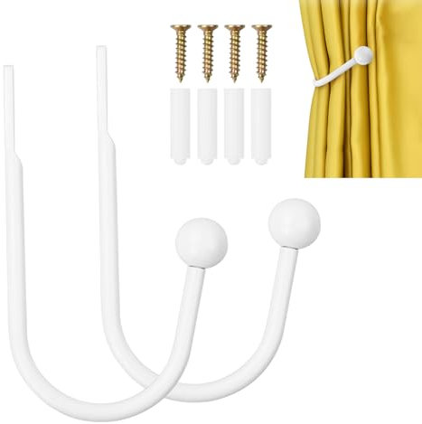 2 Stück Raffhalter für Vorhänge Gardinen, Raffhalter Gardinen, Metall Halterung Wand Dekorative, Metall Vorhang Raffhalter Haken, U-Form Gardinenhalter Weiß mit Schrauben