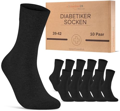 sockenkauf24 Calze Diabetici Uomo 43-46 Nero senza Elastico Cotone senza Cucitura 10 Paia