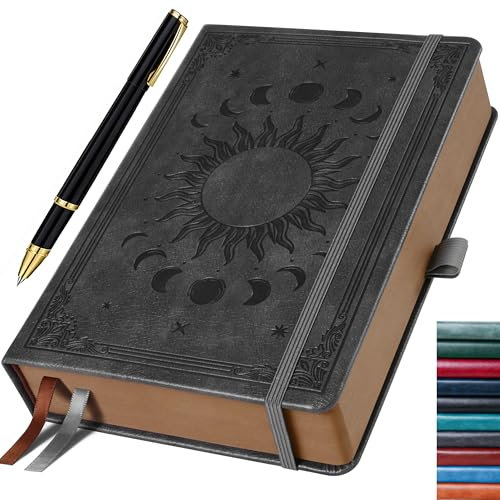 HwxBen Journal-Notizbuch für Männer & Frauen mit Stift, 360 Seiten, Hardcover, Vintage Sonne & Mond Design, Dunkelgrau, 14,5 x 21 cm, liniert