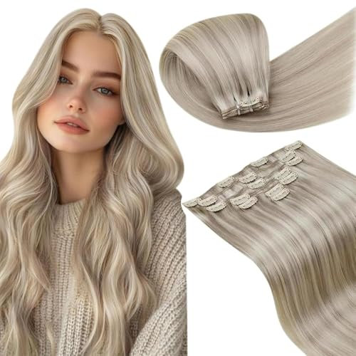 LaaVoo Echthaar Extensions Clip Blond Remy Clip in Extensions Echthaar Blond Haarverlängerung Clip Extensions Echthaar Aschblond mit Blond 7pcs 105g 50cm #P18/613 Doppelt Tressen