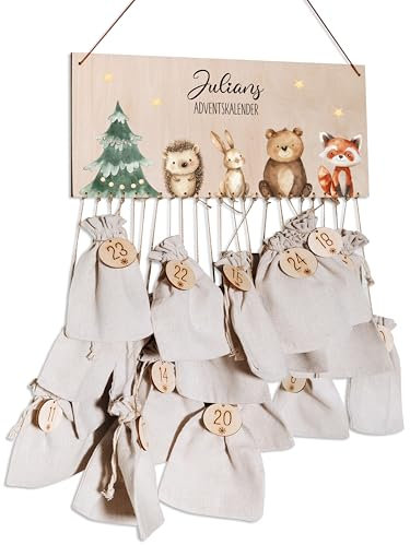 Bärenfreunde® - Personalisierter Adventskalender zum selber befüllen - mit kinderfreundlichem Druck auf Holz - mit Juteschnur Jutesäckchen und Holzzahlen (4 Waldtiere Baum)